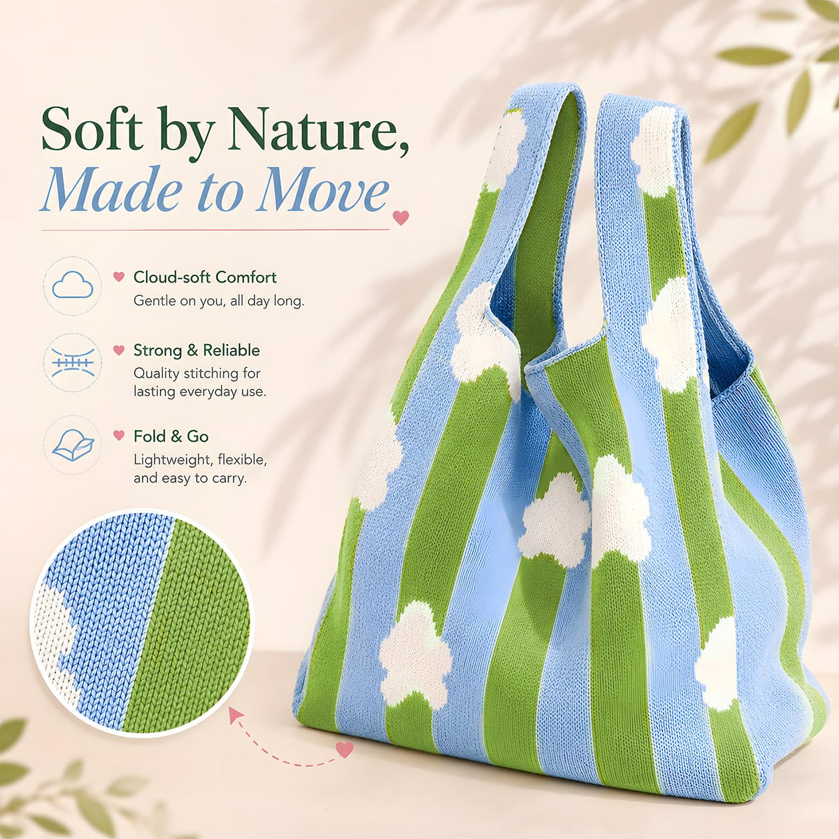 Cybersnc Tote Bag for Women, Mini Knitted Tote Bag with Cloud Pattern, Hand Bag for Women Stylish, Lightweight Reusable Handbag for Shopping, Lunch, Travel, Daily Use, Cute Gifts for Girls