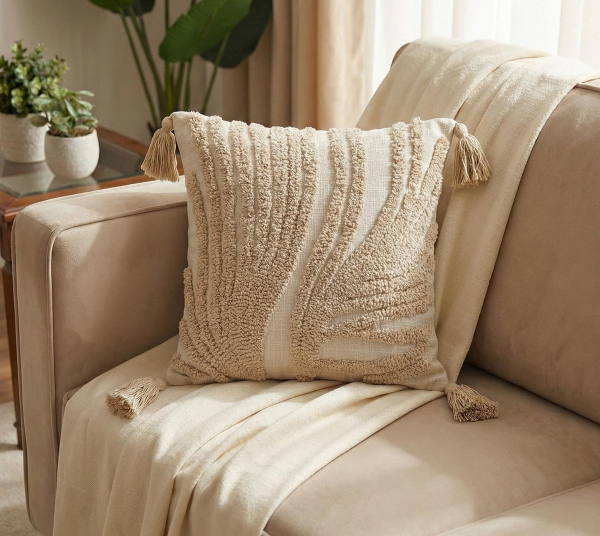 Furnistitchs Handmade Tufted Boho Cushion Covers 12x12 Inches | Embroidered Sofa Pillow Cases | Rustic Bohemian Decorative Throw Cushions for Couch Bedroom Living Room (5, Cream Waves)