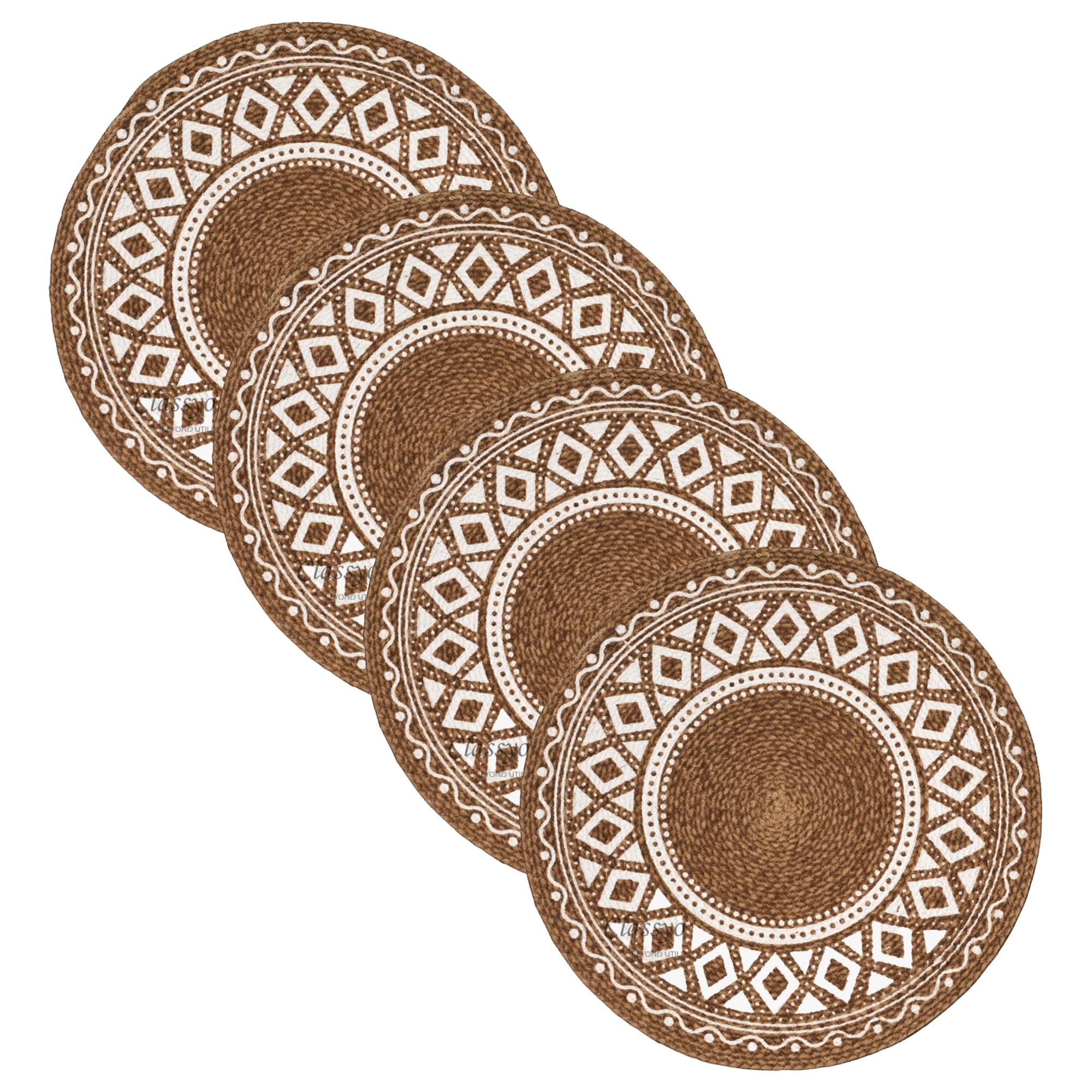 Classyo Cotton Dining Table Placemats, 15 inch | Washable Round Dining Table Mat | Coasters for Dining Table for Hot Pots, Plates and Pans | Placemats for Dining Table Set of 4, (Brown Design) Kafalo