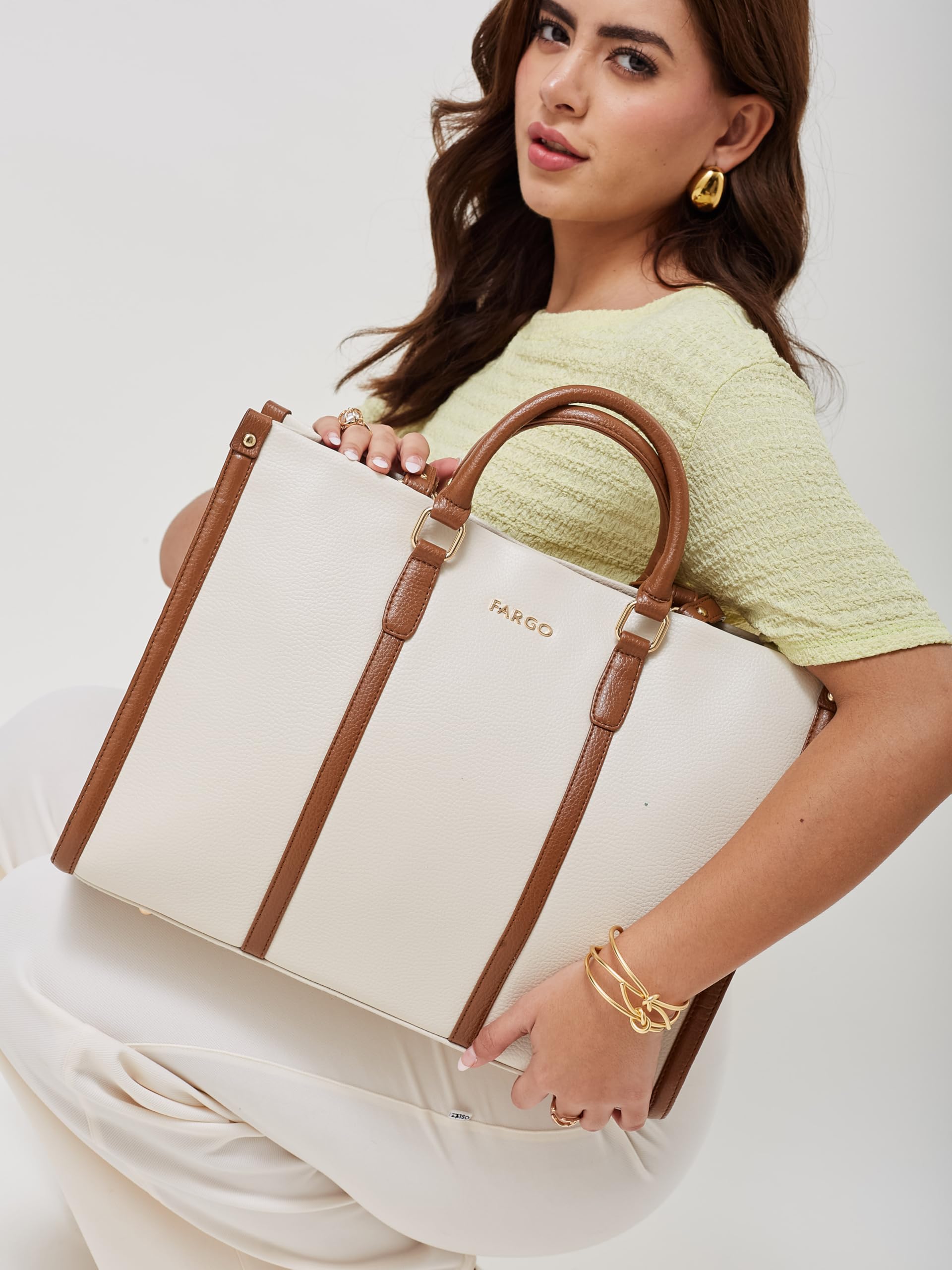 Fargo Iconic Tote Bag for Women | Vegan Leather Handbag with 15-Inch Laptop Compartment, Smooth Zip, Luxury Look | Stylish Office, College & Travel Tote | Made in India (Ivory)