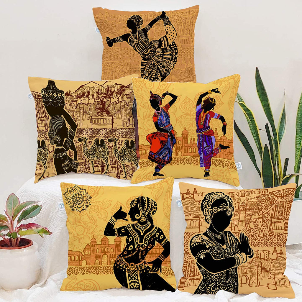 STITCHNEST Set of 5 Nritya Kala Collection Printed Jute Cushion Covers 24x24 Inches | Decorative Throw Pillow Covers for Sofa, Living Room, Bedroom | Perfect for Home Decor