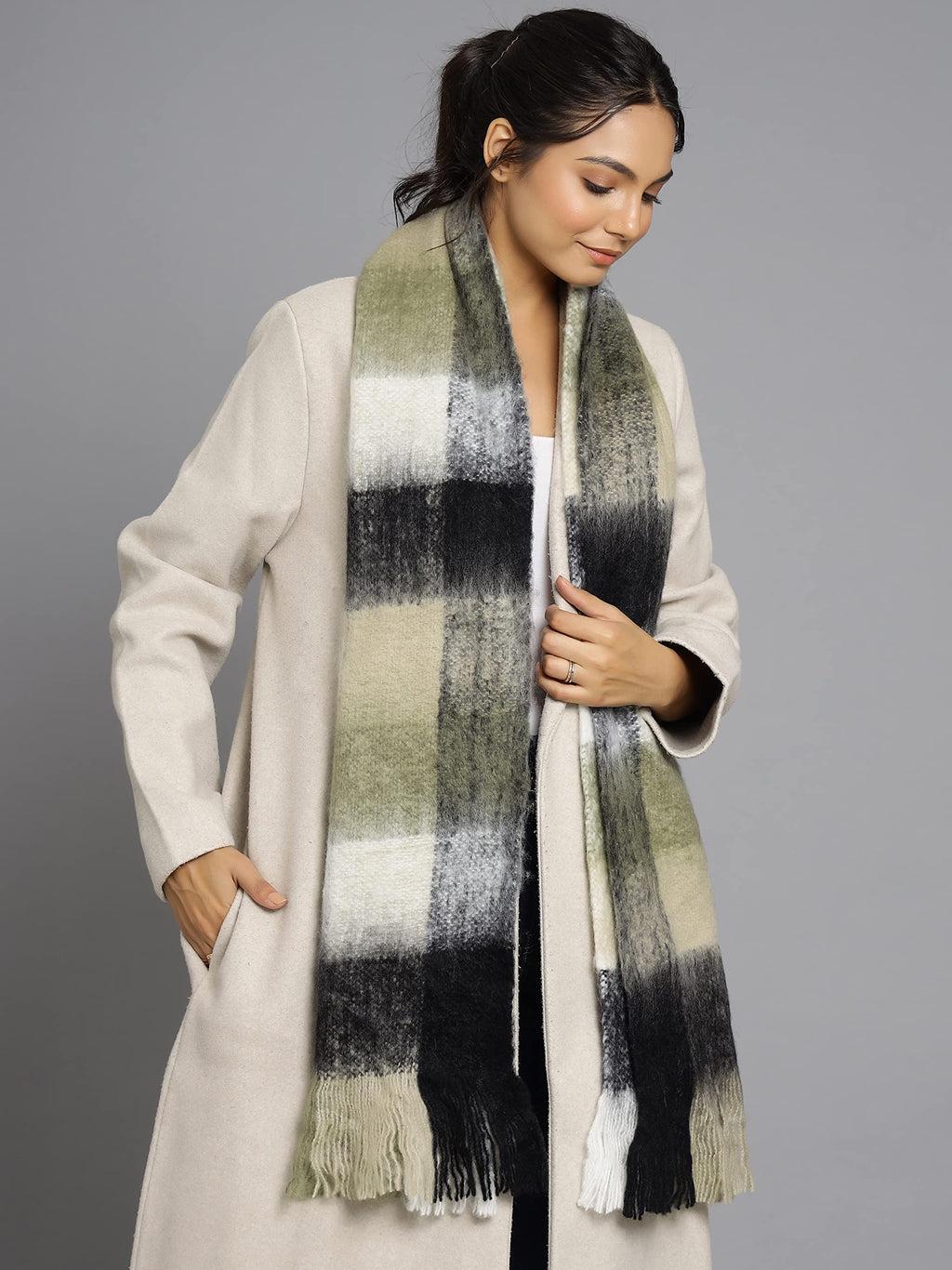 Ravaiyaa - Attitude is everything Women's Cashmere Wool Acrylic Scarf Winter Long Scarves, Neck Wrap 72 X 14 Inch (Olive Green)