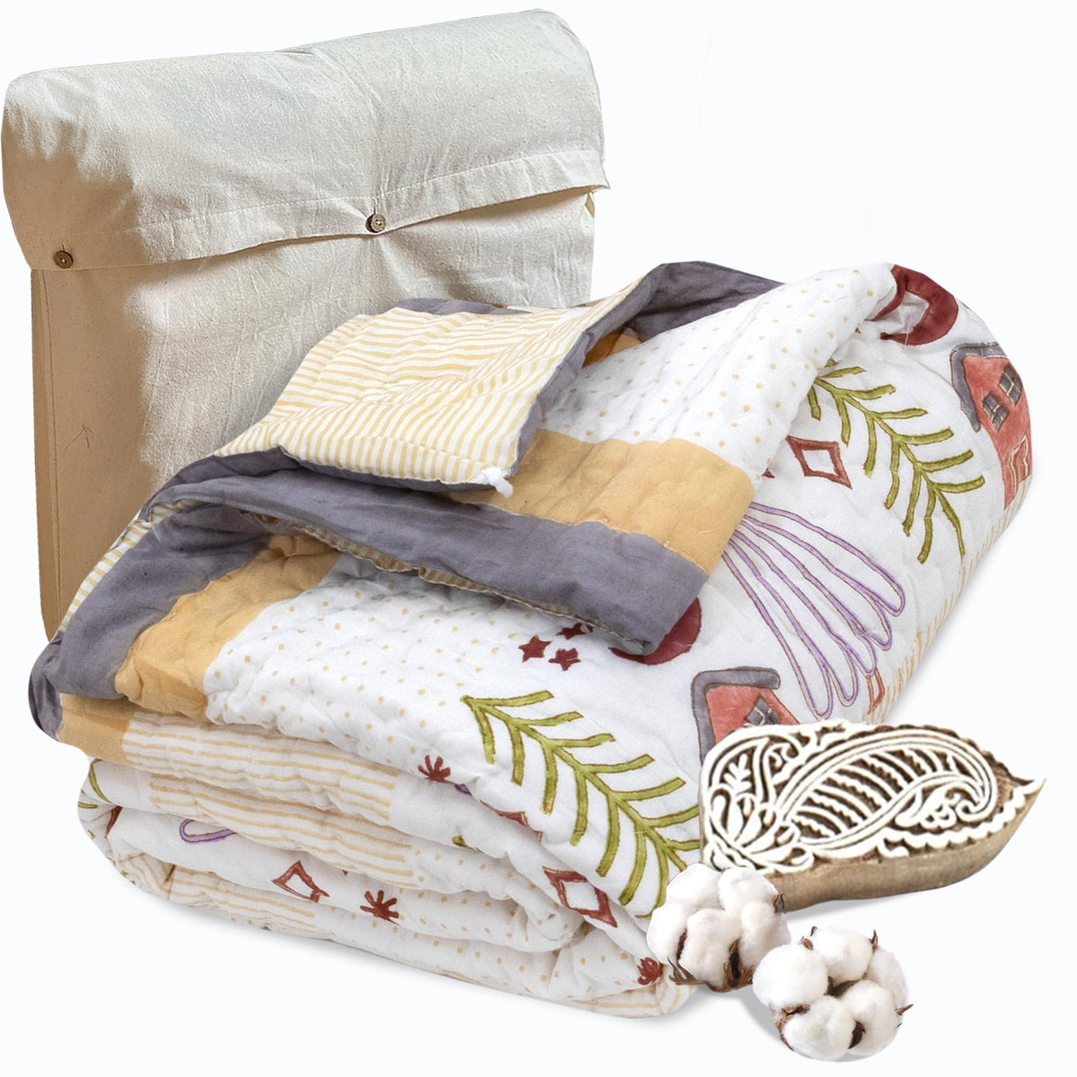 TOAIArt Jaipuri Quilt | Lightweight Comforter/Razai/Rajai | Hand Quilted | Block Printed Reversible 3 Layer| Premium Mulmul Cotton| Cotton Wool Filling| Single Size 60” X 90” | Yellow Polka Homes Kafalo
