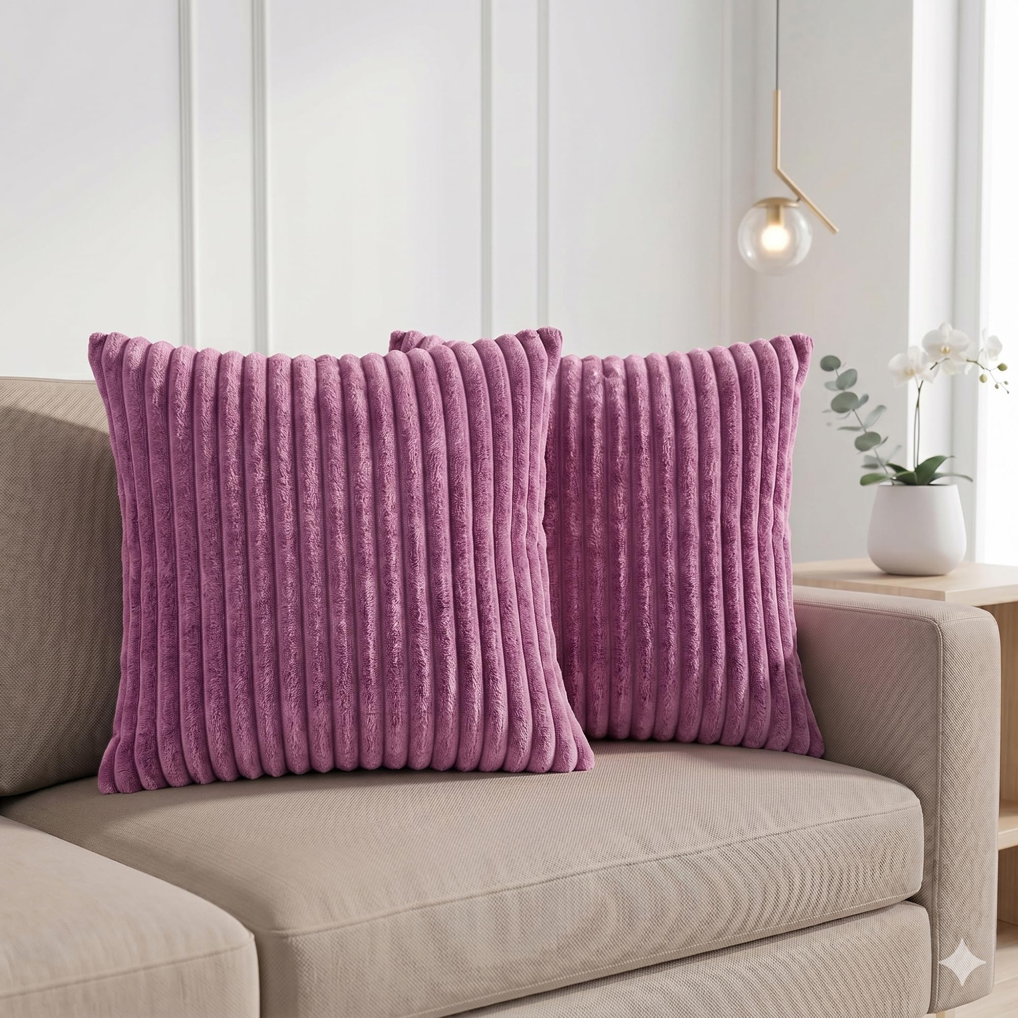 Yellow Weaves Pencil-Stripe Fur Cushion Covers | Soft Polyester | Decorative Sofa & Throw Pillow Covers | 16x16 Inches, Pack of 2 (Purple)