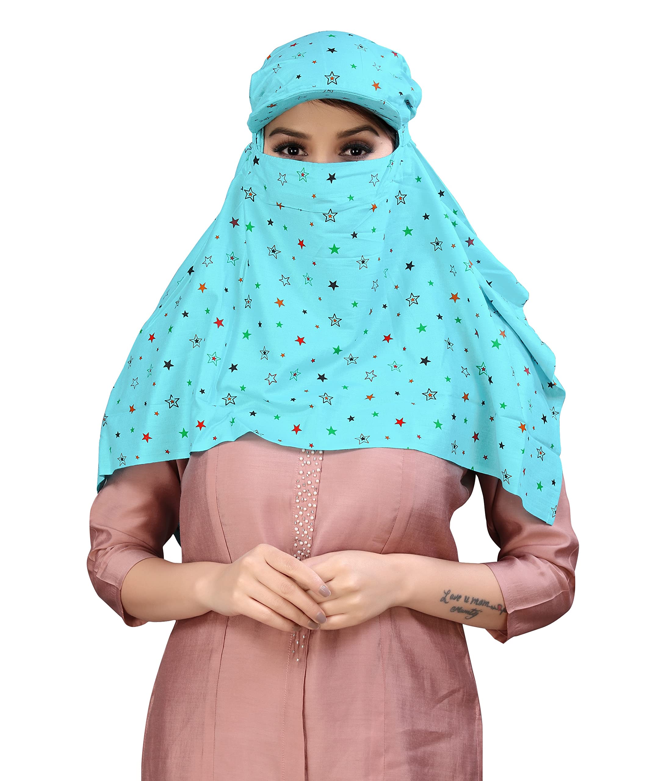 7 season's Female Cotton Short Scarf Cum Mask Universal Size/Usable For Vehicle Driver For Sunlight Uv Protection/White Printed Design (Cap_Firozi, Free)