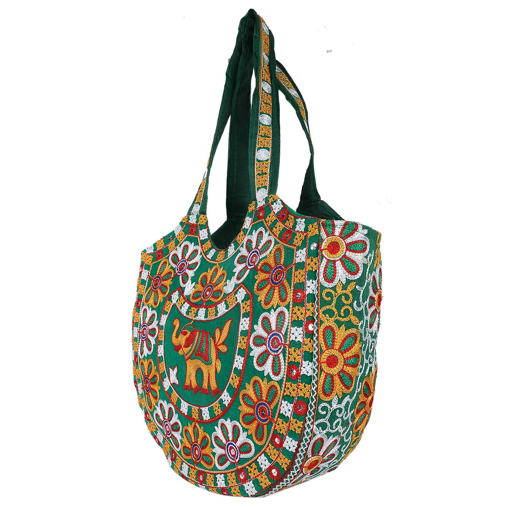 Craft Trade Women's Cotton Tote Bag with Zip 46x30x12 Cm Embroidered Shopping Bag Elephant Design - Green