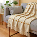 SAJAVAT HOME Hand Knitted Cotton Sofa Throw Blanket | Beige & Yellow Elegant All-Season Throw for Couch & Bed | Soft Lightweight Knit with Tassel Finish | 80×52 Inches (204×132 cm) Kafalo