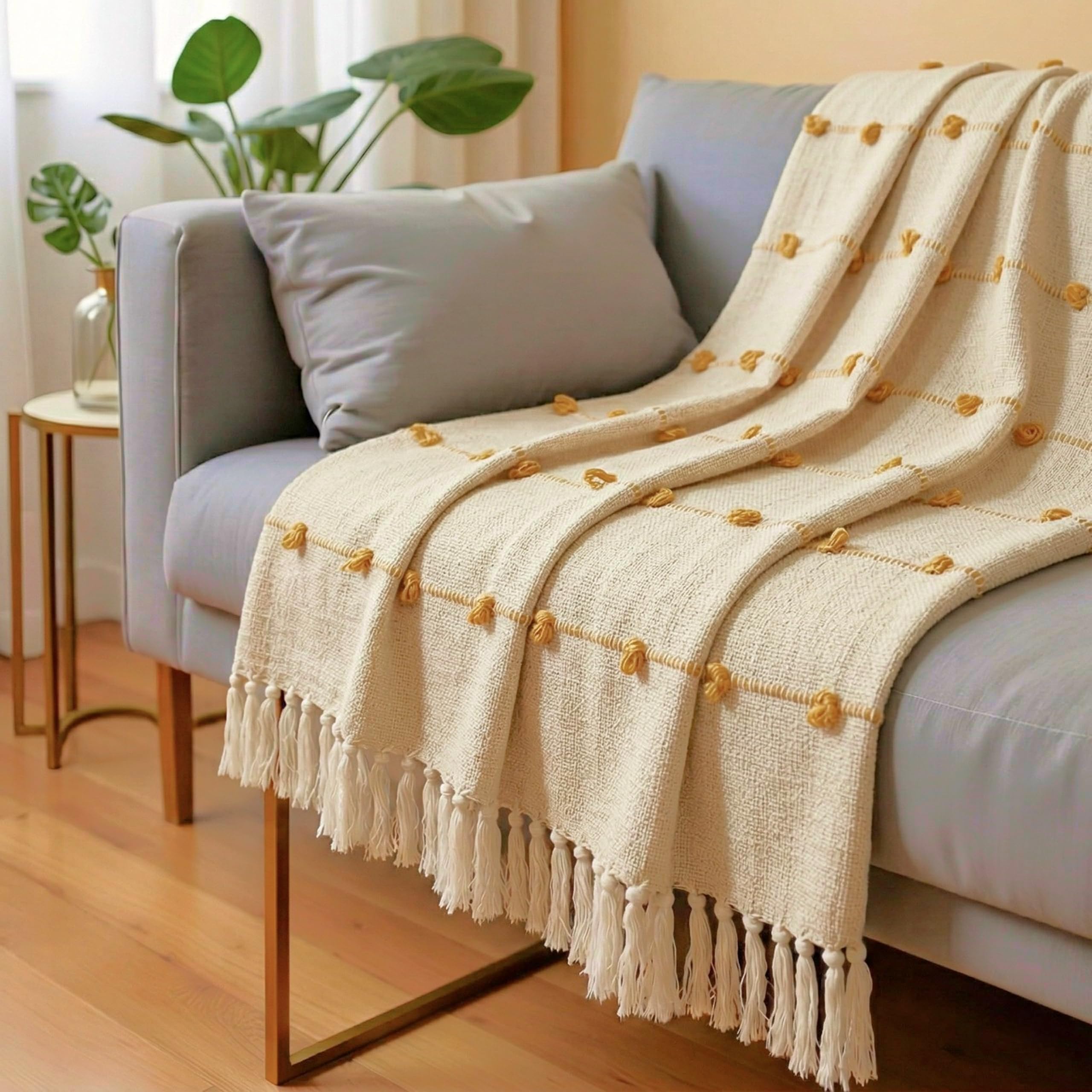 SAJAVAT HOME Hand Knitted Cotton Sofa Throw Blanket | Beige & Yellow Elegant All-Season Throw for Couch & Bed | Soft Lightweight Knit with Tassel Finish | 80×52 Inches (204×132 cm) Kafalo