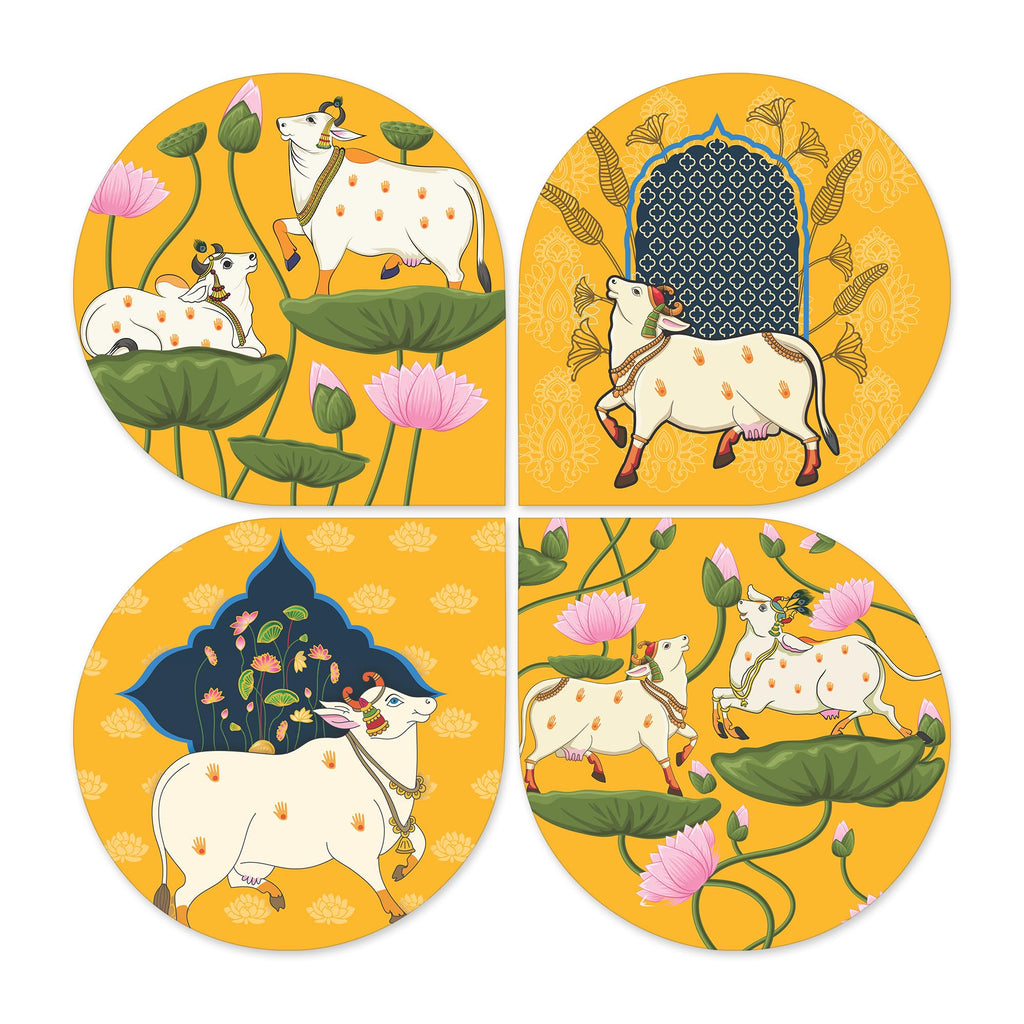 Artvibes Sacred Cow Pichwai Art Decorative Wall Hanging Ornaments | Printed Wall Decoration | Scenery For Drawing Room | Wall Illustrations | Artworks Hangings | Ideal Gifts (WH_8430N), Set of 4