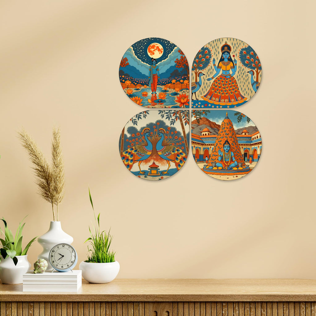 Artvibes Indian Gods Modern Art Decorative MDF Wooden Wall Art for Home | Wood Decorative Items | Modern Decoration | Spiritual | Wall Illustrations | Handcrafted Art | Gift Items (WH_8447N), Set of 4