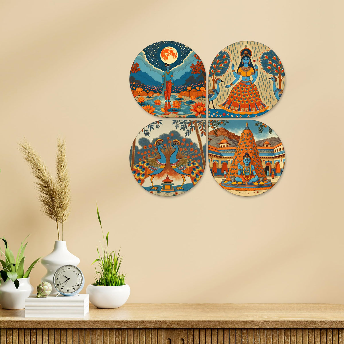 Artvibes Indian Gods Modern Art Decorative MDF Wooden Wall Art for Home | Wood Decorative Items | Modern Decoration | Spiritual | Wall Illustrations | Handcrafted Art | Gift Items (WH_8447N), Set of 4