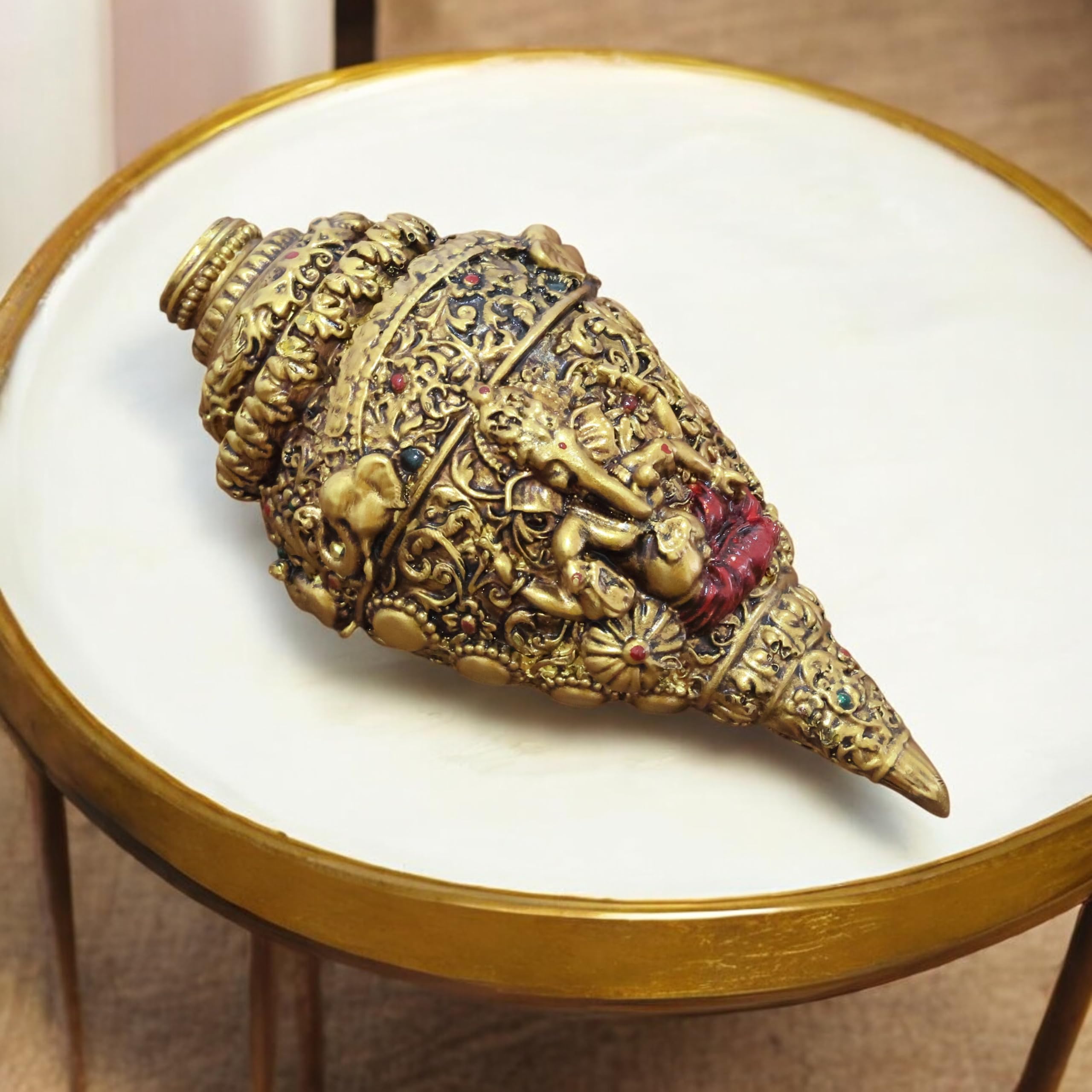 KridayKraft Decorative Lord Ganesha Shank, Gold-Toned, Conch Shell for Wealth, Prosperity and Good Luck Intricate Design, 22cm (9) x 11cm (4) polyresin