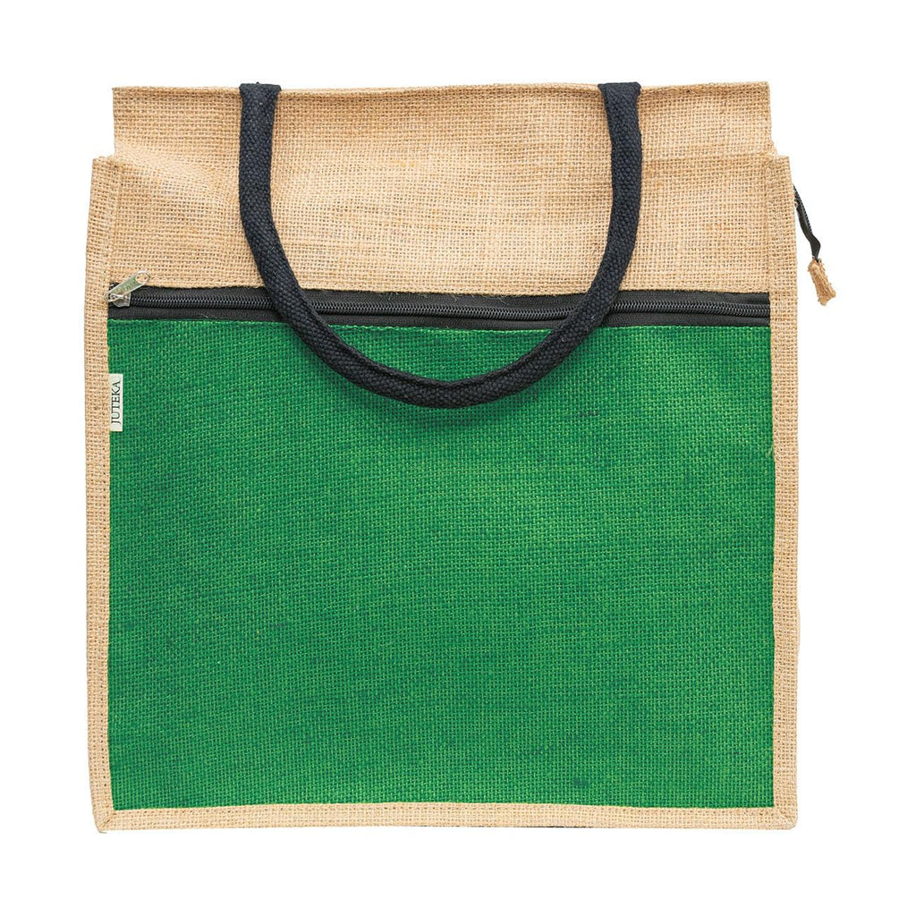 JUTEKA Front Zip Pocket Jute Bag for Lunch, Office, Grocery, Picnic, Tiffin, Shopping Hand Bag with padded cotton handles