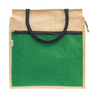 JUTEKA Front Zip Pocket Jute Bag for Lunch, Office, Grocery, Picnic, Tiffin, Shopping Hand Bag with padded cotton handles