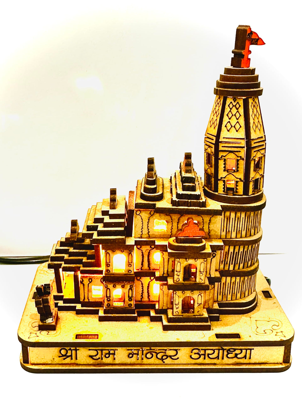Teddy Berry Shri Ram Janmabhoomi Ayodhya Wooden 3D Temple Model with Yellow LED Lights - 7 Inch Decorative Spiritual Idol for Home & Office