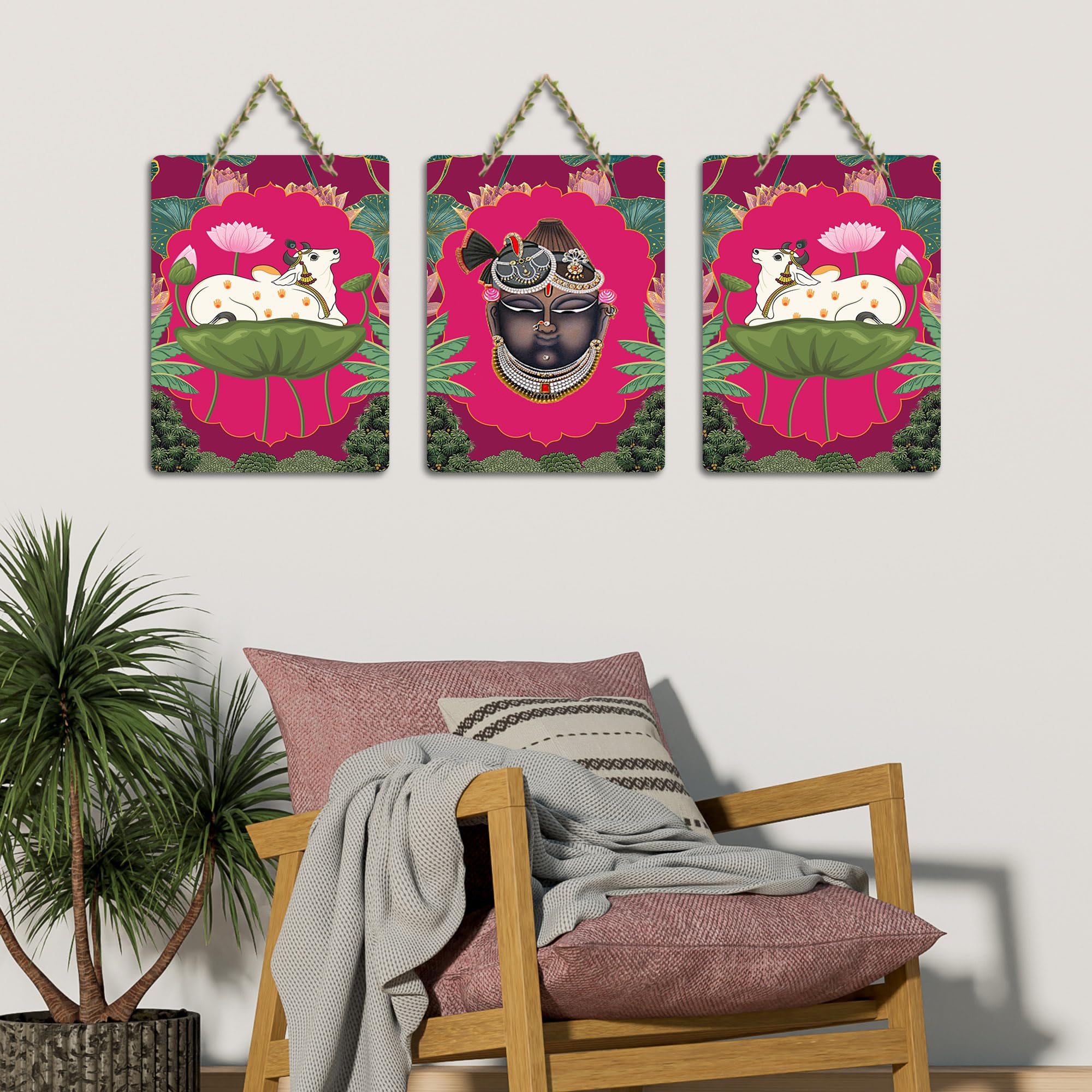 Artvibes Shrinath Ji & Cow Pichwai Art Decorative Wall Art MDF Wooden Wall Hanger for Living Room | Wall Accent | Sceneries | Wall Art Print | Graphic Artwork | Unique Gift Items (WH_96178N), Set of 3