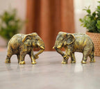 KridayKraft African Elephants Animal Decorative Showpiece Figurine Set of 2 Pcs Metal Handcrafed Gold Toned Antique Finish, Home Decor