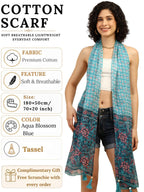 KE KANHA EXPORTS Scarf for Women Premium Cotton Boho | Dual Tone Border Print Stole with Tassels | Lightweight Summer Beach Wrap 180 x 50 cm (Aqua Blossom Blue)