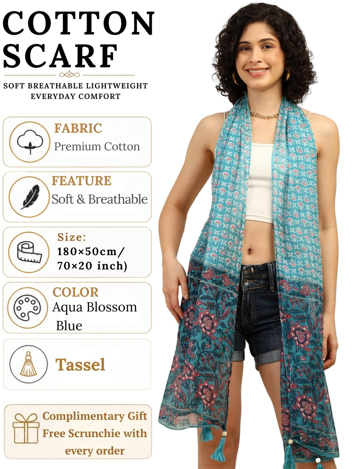 KE KANHA EXPORTS Scarf for Women Premium Cotton Boho | Dual Tone Border Print Stole with Tassels | Lightweight Summer Beach Wrap 180 x 50 cm (Aqua Blossom Blue)