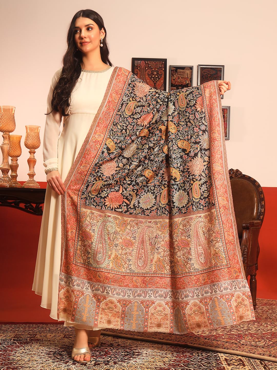 Pashmoda Women Guldasta Fine Wool Fabric Pashmina Kalamkari Embroidered Shawl (Size: 40x80in, 101x203cm) KAS13