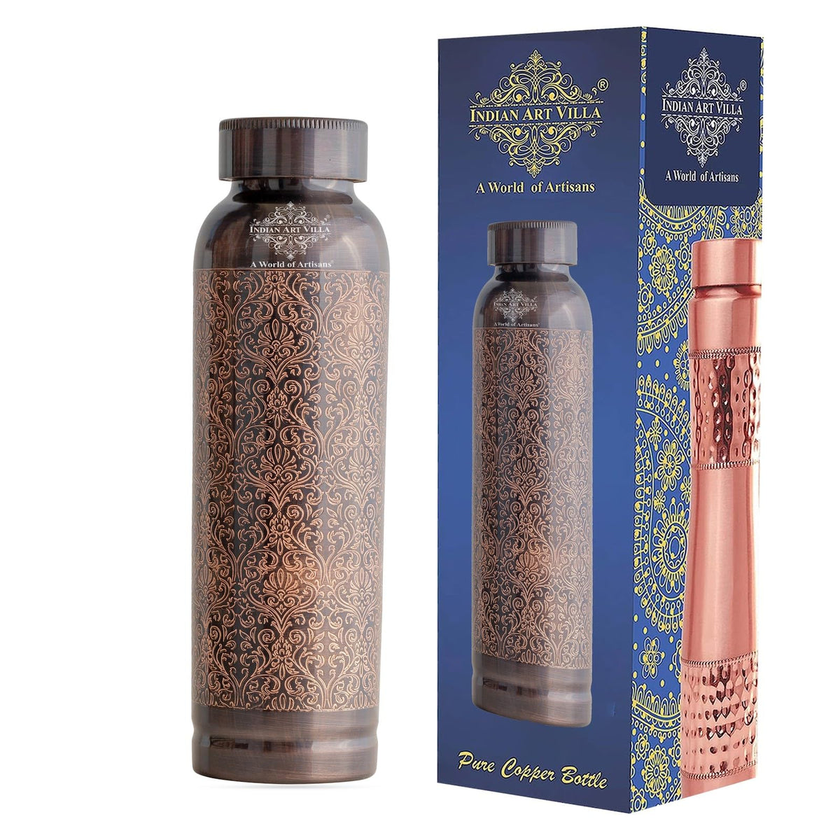 INDIAN ART VILLA Copper Antique Embossed Design Water Bottle – 900 ML, Pure Copper Ayurvedic Water Bottle for Drinkware & Storage, Ideal for Home, Office, Travel, and Gifting