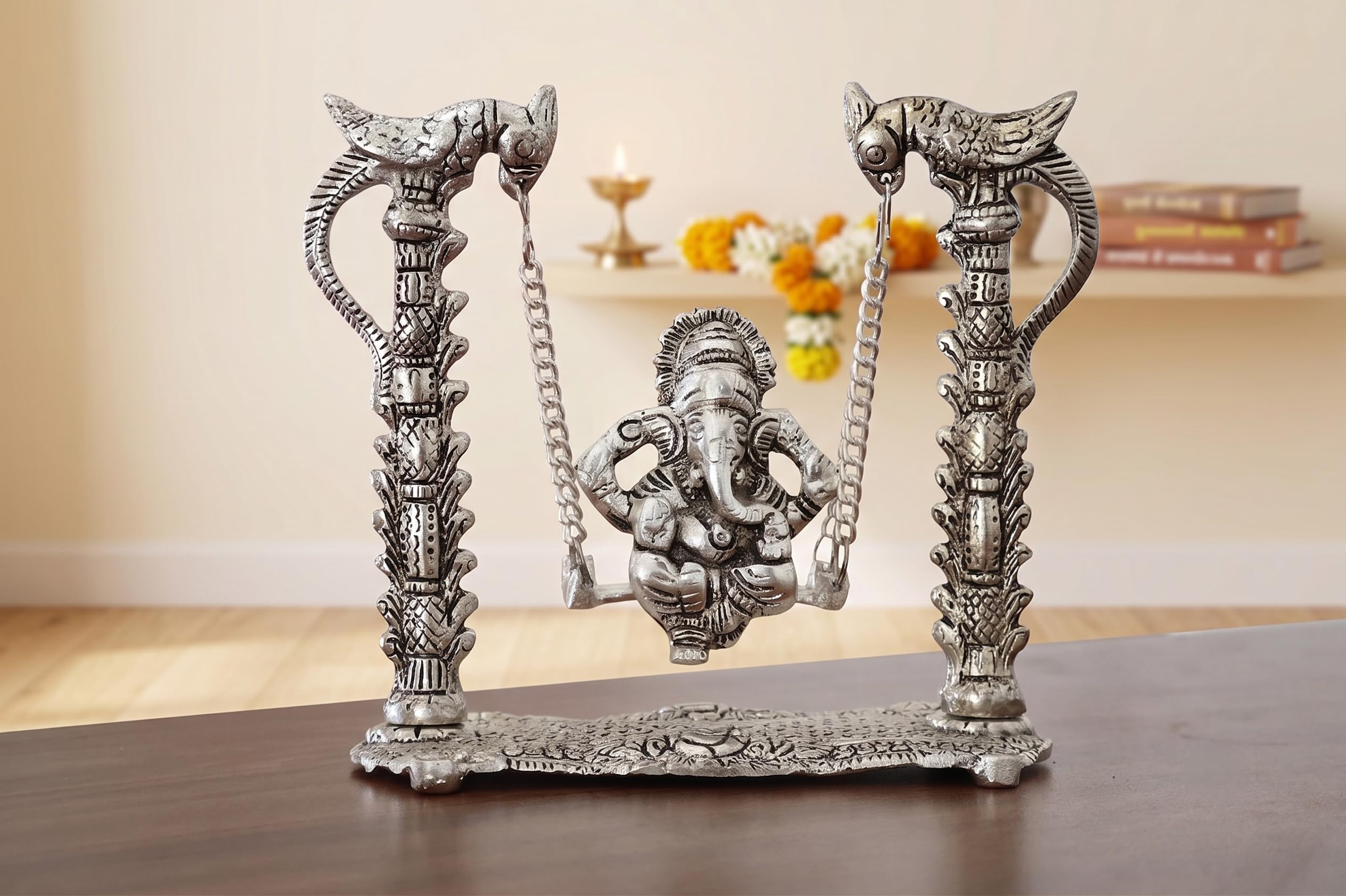 KridayKraft Aluminium Lord Ganesha on Parrot Jhula Idol | Silver Oxidized Finish Decorative Showpiece for Home Decor, Temple, Living Room, Office & Festive Gifting.