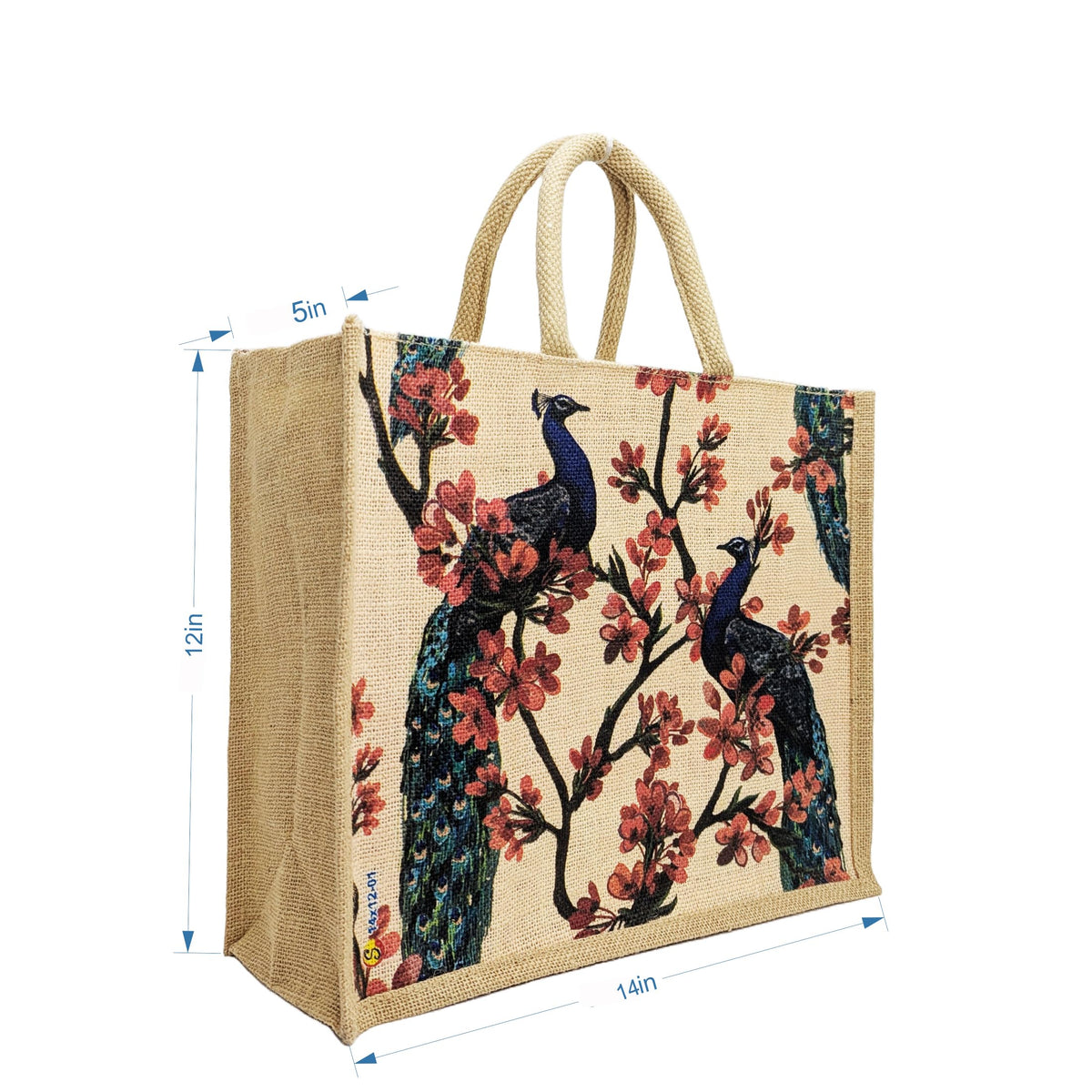 Sangra Multicolor Jute Lunch Bag for Men & Women with Zip and Handle - Peacock Design
