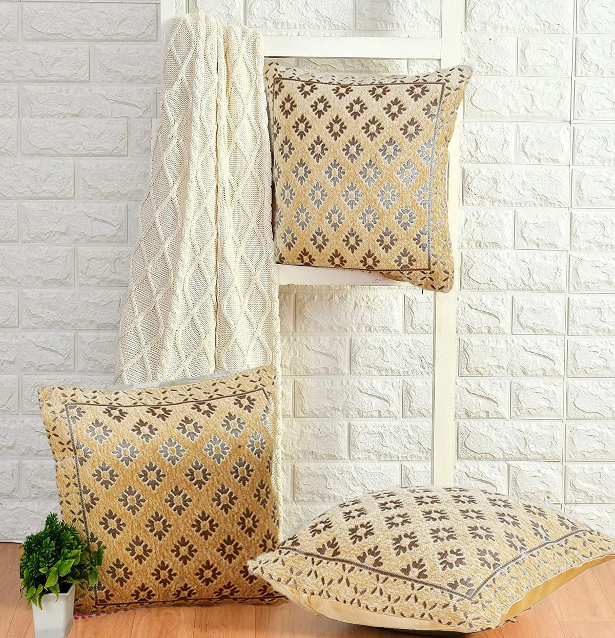 DECOMIZER Jacquard Geomteric Cushion Covers 16 inch x 16 inch Set of 3 Ethnic Motifs Cushion Covers,Design- Diamond,Color- Beige