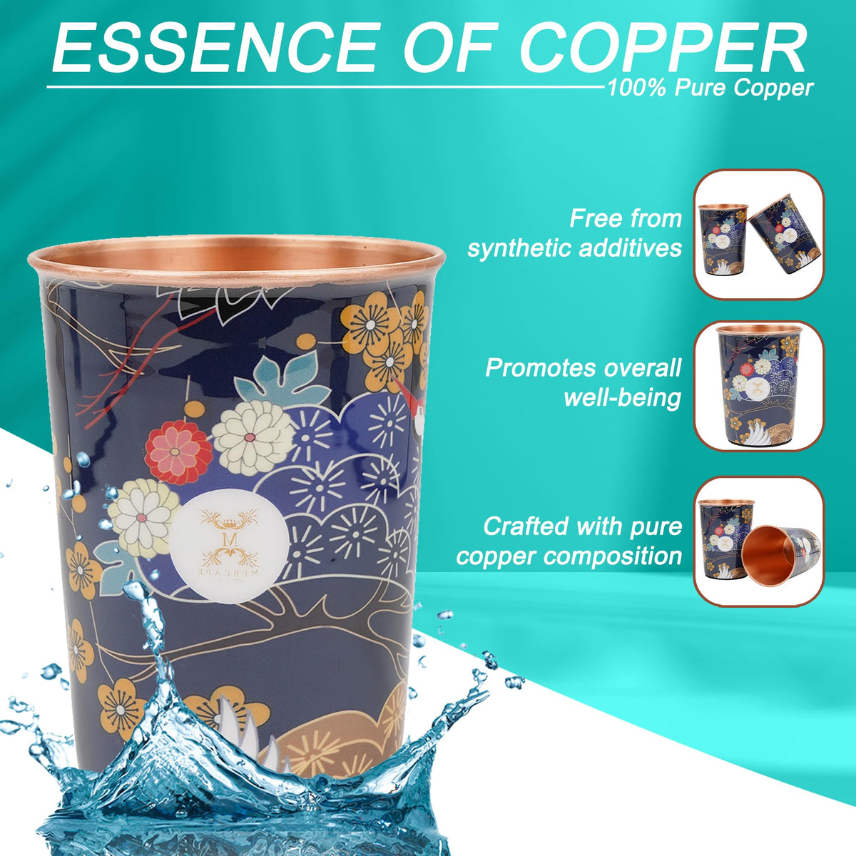 MERCAPE® 100% Pure Copper Glasses Set of 2 | Designer Meena Print | 300ml Each | Ayurvedic Benefits | Handmade Copper Tumblers for Daily Use & Gifting (Multiple Designs) (Pastel Floral Design)