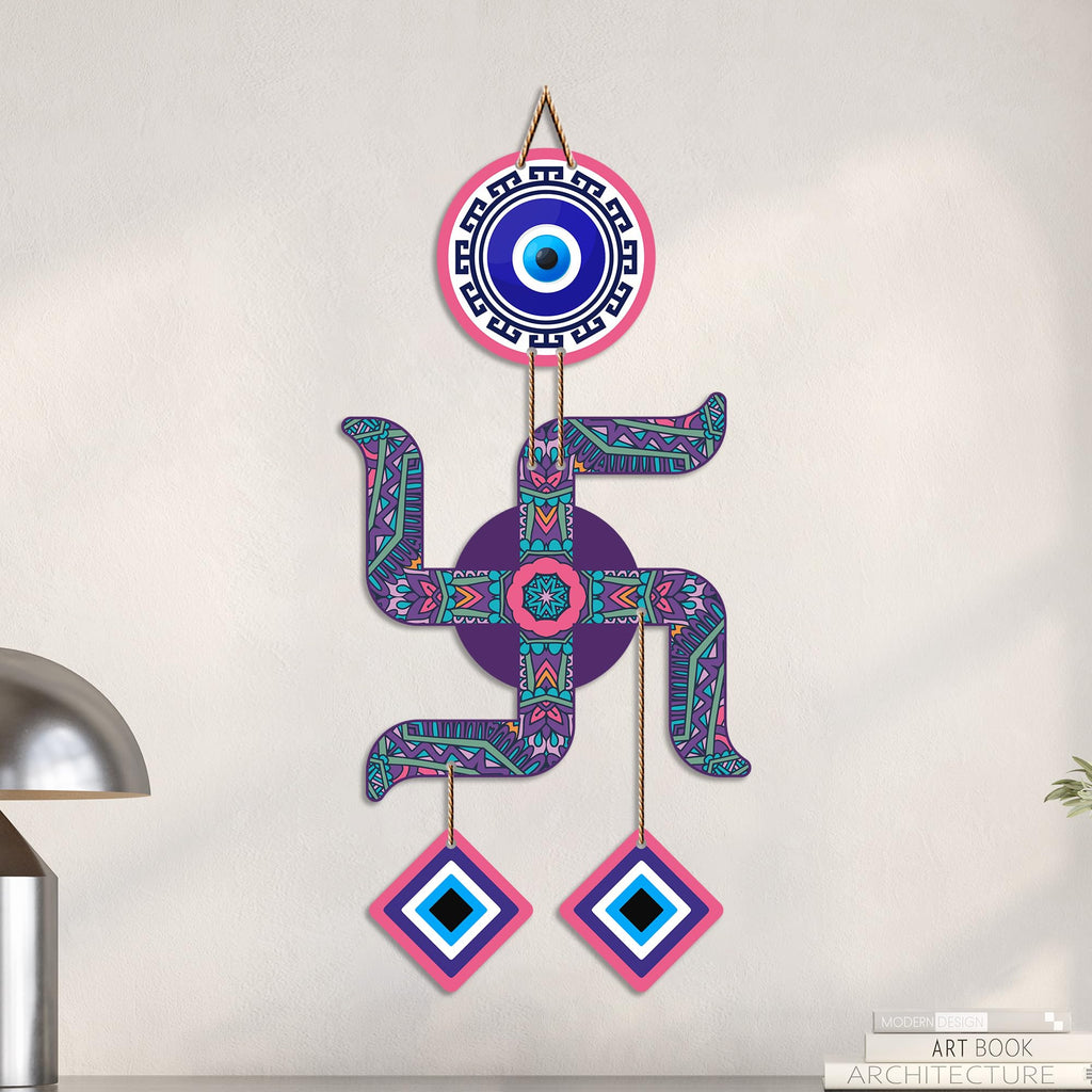 Artvibes Swastik Evil Eye Wall Hanging for Home Entrance Door Decor | Sacred Hindu Swastik Symbol with Nazar Battu Protection for Positive Energy | Good Luck | Vastu & Spiritual Wall Art (WH_85108N)