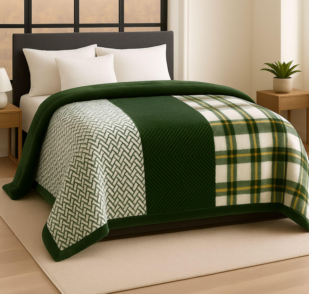 BSB HOME Supersoft Printed Mink Blanket for Heavy Winter – 600 GSM Ultra Soft Luxurious Embossed Double Bed Blanket, Warm & Fluffy Cozy for Extreme Cold Weather (Green & White, 230 x 220 Cm, 3.5 Kg) Kafalo