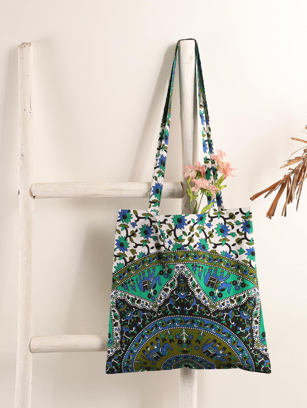 Ravaiyaa - Attitude is everything Cotton Shoulder Bag/Tote Bag For Women| Printed Multipurpose Handbag With Top Zip | Best For Shopping, Travel, Work, Beach, Office, College (Green Ombre Mandala)
