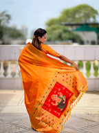 VEDANT VASTRAM Women's Soft Litchi Silk Paithani Jacquard Saree (Ganpati-Paithani-Orange)