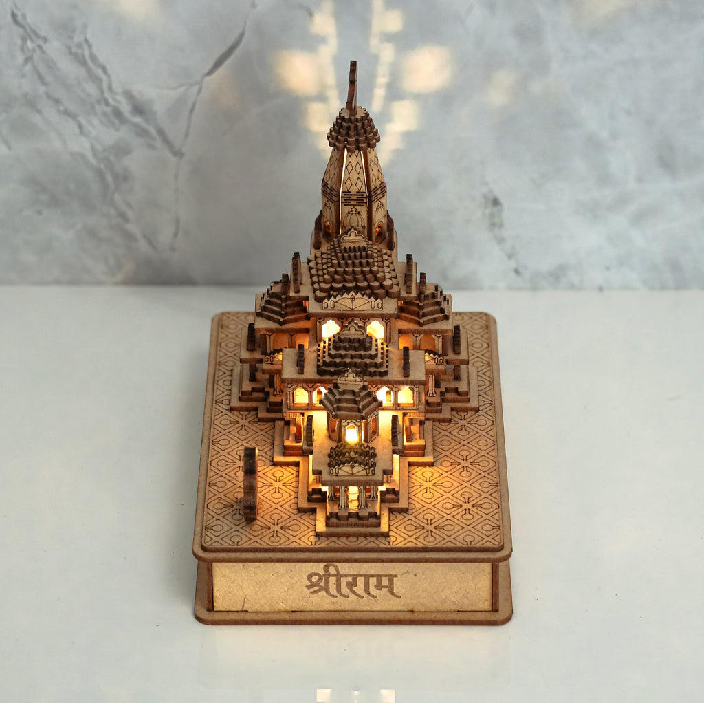LASER ART Ram Mandir Ayodhya Model with Light and Power Adapter 3D Replica Wooden MDF Craftsmanship, Authentic Design, with Protective Outer Box - Ideal for Home Temple, Home Decor & Gifts