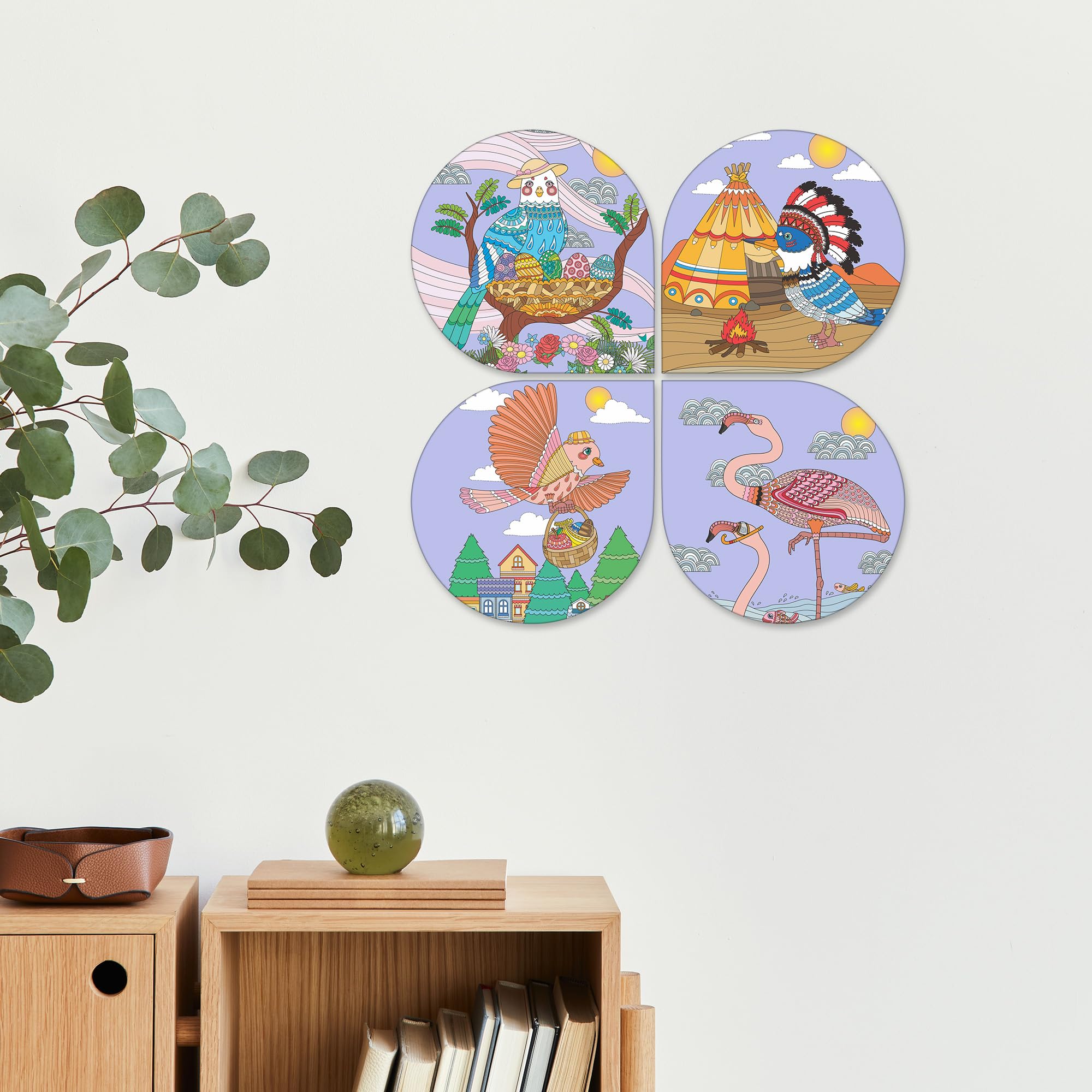 Artvibes Colorful Bird Wooden Art Decoration Item for Living Room | Printed Wall Decoration | Scenery For Drawing Room | Wall Illustrations | Handcrafted Art | Unique Gift Items (WH_8439N), Set of 4