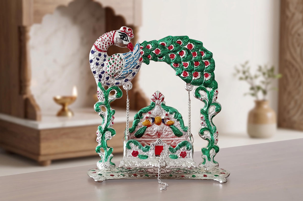 KridayKraft Silver Plated & Multicolour Peacock Design Jhula for Laddu Gopal | Decorative Metal Palna for Home Temple & Janmashtami Puja (23 x 21.5 cm, 460 g)