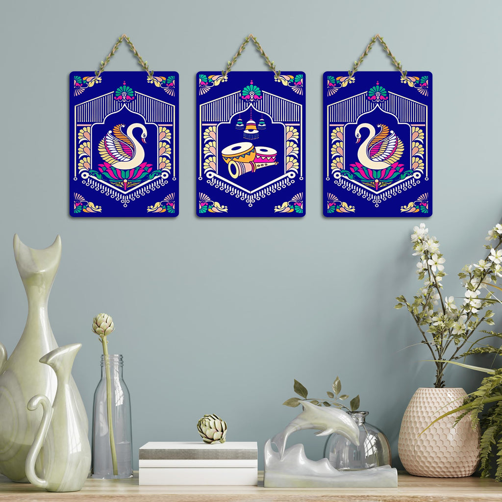 Artvibes Tanjore Art Home MDF Wooden Wall Art for Home Decor | Music Wall Art for Decoration | Wall Poster | Wall Sculpture | Signs & Plaques | Graphic Art | Unique Gift (WH_96156N), Set of 3