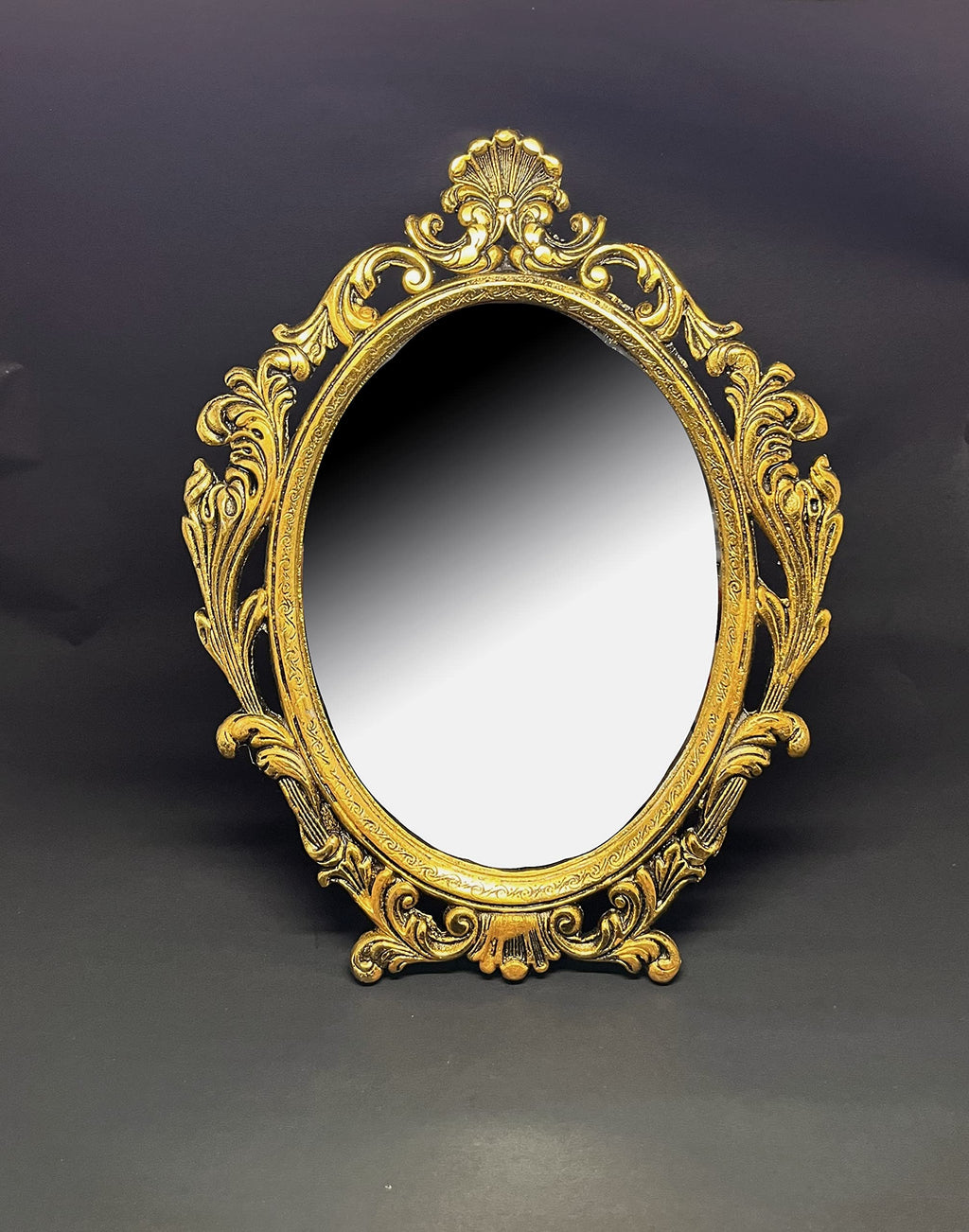 KridayKraft Table Mirror Gold Plated for Gift Love one Festival Gift Perfect for Birthday, Anniversary Wedding (Floor Mount, Oval, Framed)