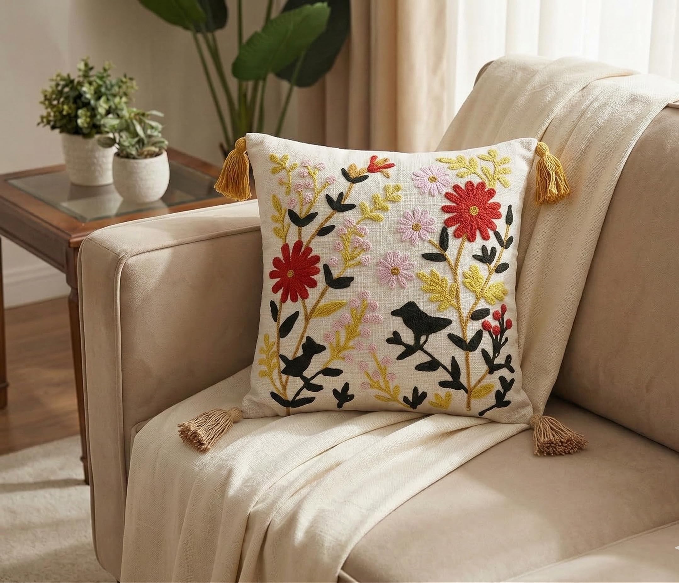 Furnistitchs Handmade Tufted Boho Cushion Covers 12x12 Inches | Embroidered Sofa Pillow Cases | Rustic Bohemian Decorative Throw Cushions for Couch Bedroom Living Room (5, Floral Bird)