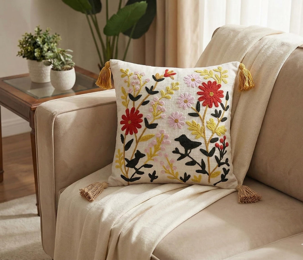 Furnistitchs Handmade Tufted Boho Cushion Covers 12x12 Inches | Embroidered Sofa Pillow Cases | Rustic Bohemian Decorative Throw Cushions for Couch Bedroom Living Room (1, Floral Bird)