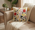 Furnistitchs Handmade Tufted Boho Cushion Covers 12x12 Inches | Embroidered Sofa Pillow Cases | Rustic Bohemian Decorative Throw Cushions for Couch Bedroom Living Room (1, Floral Bird)