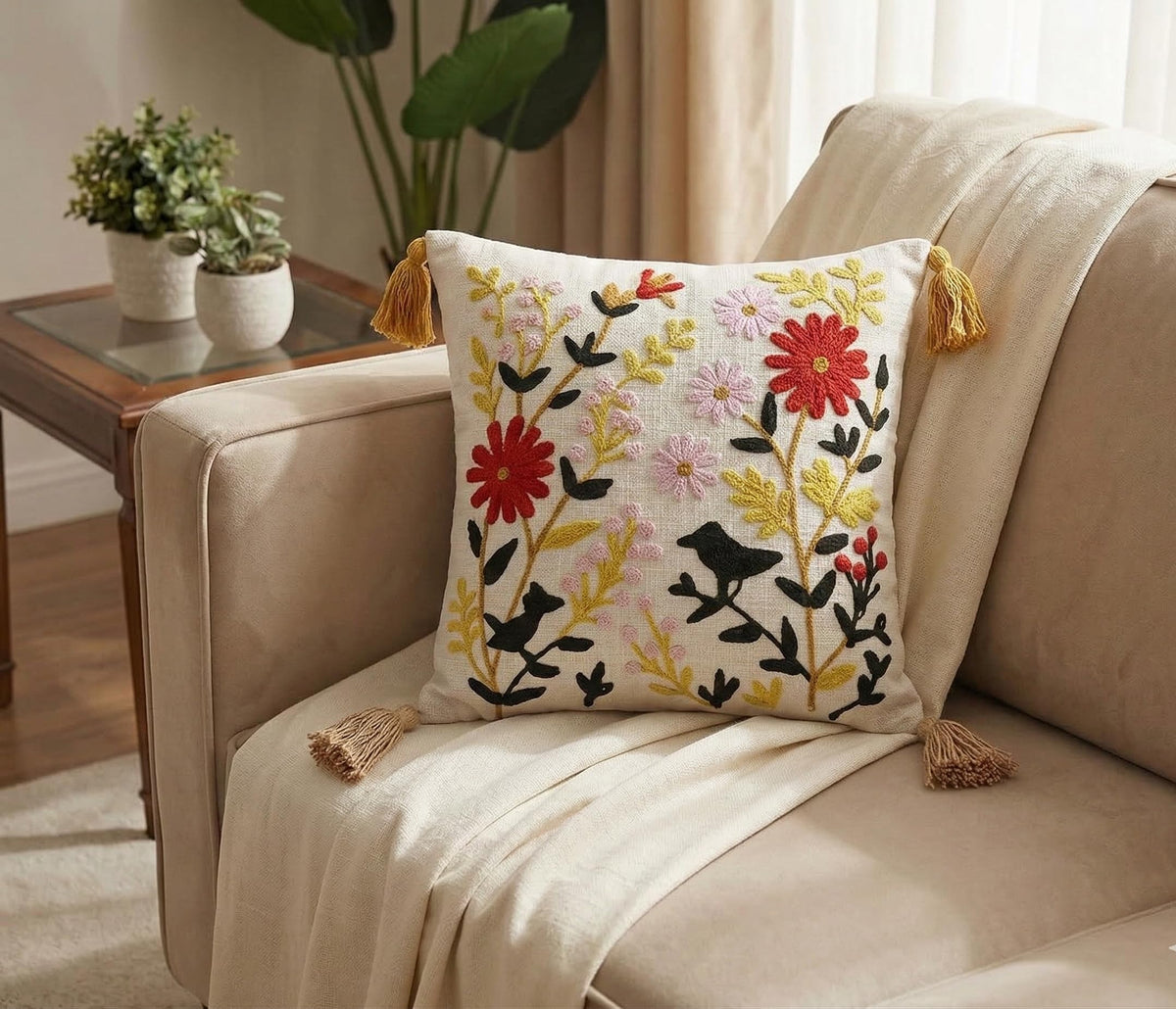 Furnistitchs Handmade Tufted Boho Cushion Covers 12x12 Inches | Embroidered Sofa Pillow Cases | Rustic Bohemian Decorative Throw Cushions for Couch Bedroom Living Room (1, Floral Bird)