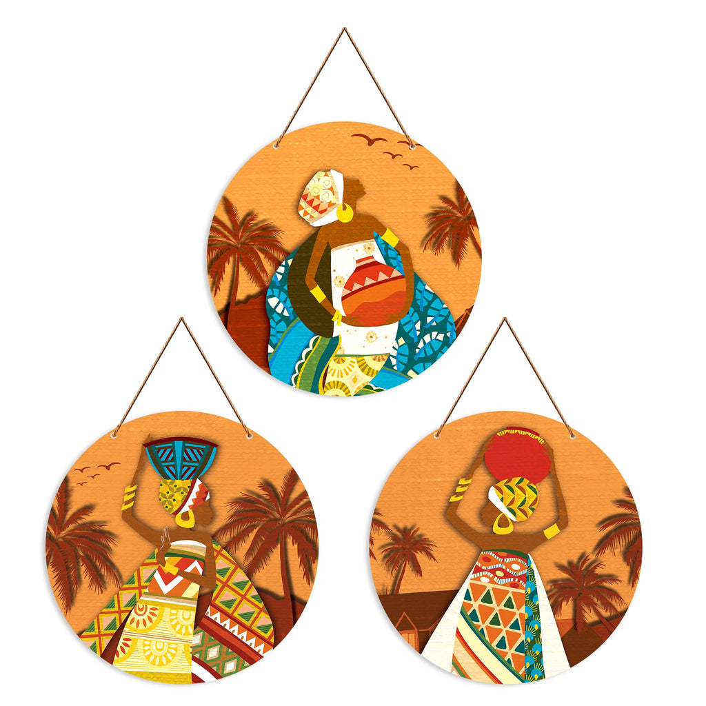 Artvibes African Village Themed Warli Art Round Wooden Wall Hanger for Home Decor | Living Room | Handcrafted Art | Wall Illustrations | Art Prints | Aesthetic Wall Art | Gifts (WH_4201N), Set of 3