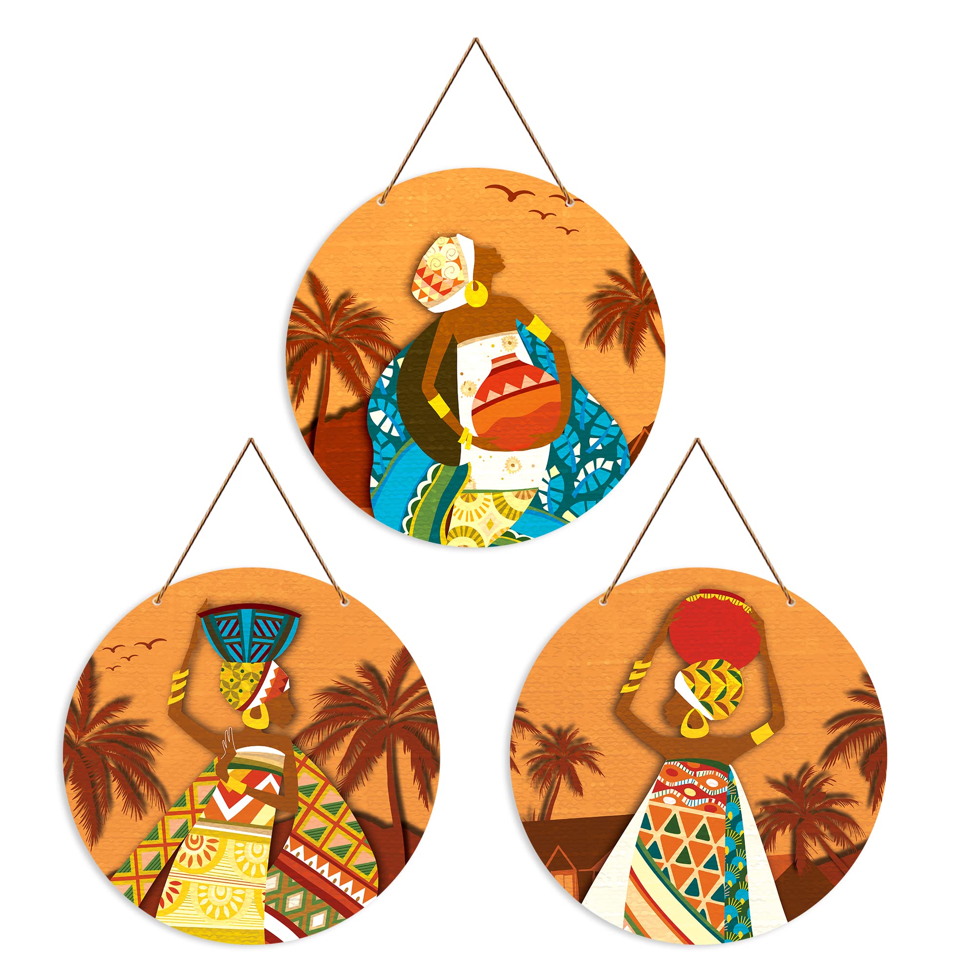 Artvibes African Village Themed Warli Art Round Wooden Wall Hanger for Home Decor | Living Room | Handcrafted Art | Wall Illustrations | Art Prints | Aesthetic Wall Art | Gifts (WH_4201N), Set of 3