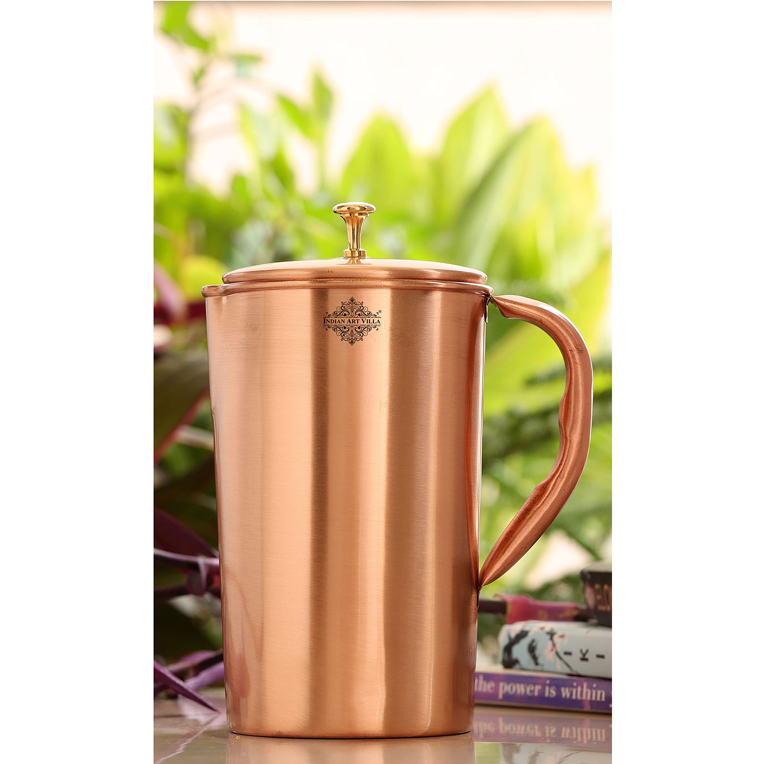 Indian Art Villa Plain Lacqure Coated Copper Jug Pitcher with Brass Knob, Storage & Serving Water, Yoga Ayurveda Healing, Volume- 1500 ML