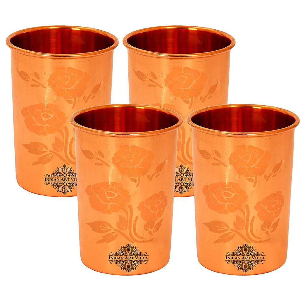 INDIAN ART VILLA Pure Copper Plain Glass with Magical Floral Design, Drinking Serving Water, Yoga Ayurveda, Volume-300 ml, Pack of 4