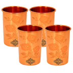 INDIAN ART VILLA Pure Copper Plain Glass with Magical Floral Design, Drinking Serving Water, Yoga Ayurveda, Volume-300 ml, Pack of 4