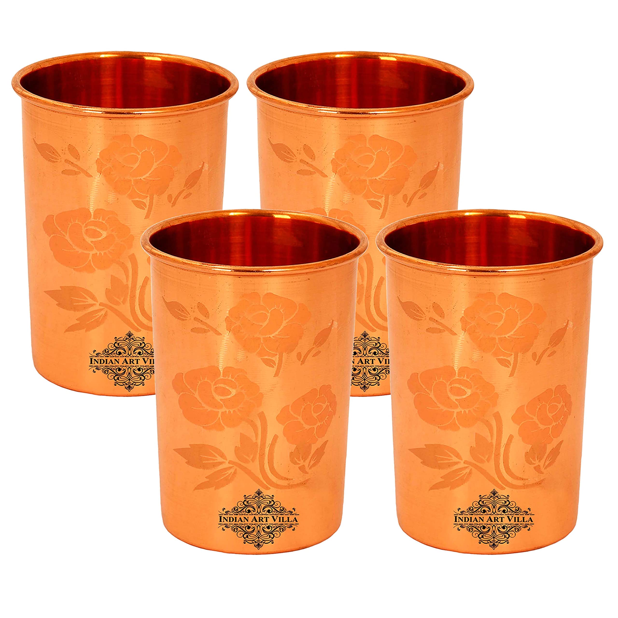 INDIAN ART VILLA Pure Copper Plain Glass with Magical Floral Design, Drinking Serving Water, Yoga Ayurveda, Volume-300 ml, Pack of 4