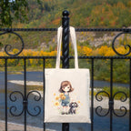 Metsi Canvas Tote Bag - Zipper Pocket With Girl and Puppy Print for Women 13x15 Inch, Eco-Friendly Multi-Purpose Cotton Tote Bag for Shopping, School, Beach, Groceries DIY Painting Gift Use - Design 3