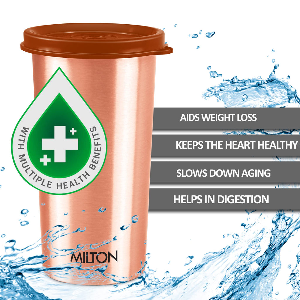 MILTON Copper Drinking Water Tumbler with Lid, Set of 3, 480 ml Each, Copper | 100% Leak Proof | Office | Gym | Yoga | Home | Kitchen | Hiking | Treking | Travel Tumbler